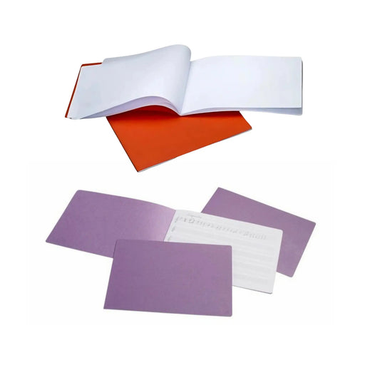 Music notation practice books in red and purple open on a white background