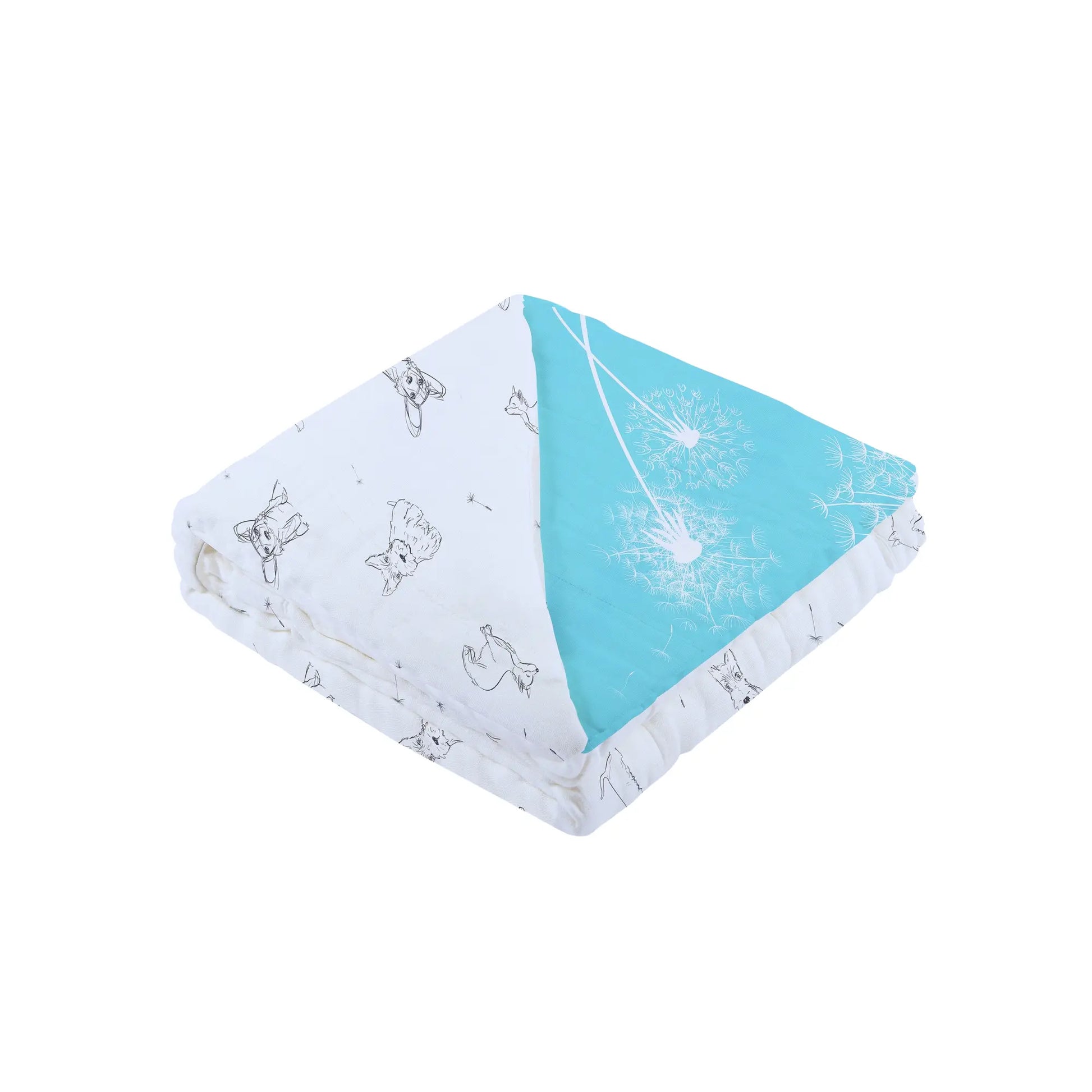Aqua Dandelion & Puppy Bamboo Muslin Blanket Quilt | Alder & Alouette