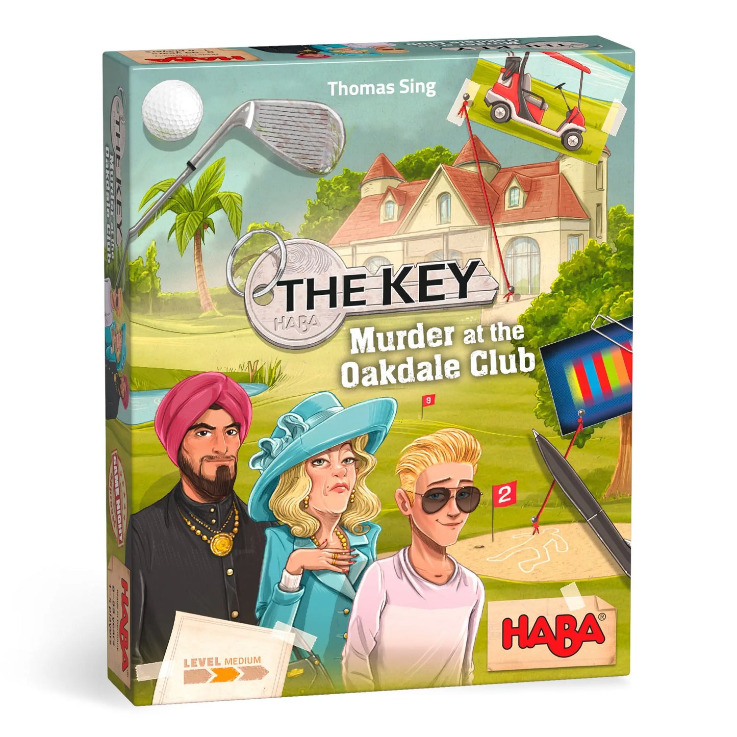 Board game box titled 'The Key: Murder at the Oakdale Club' by HABA with characters and golf-themed graphics.