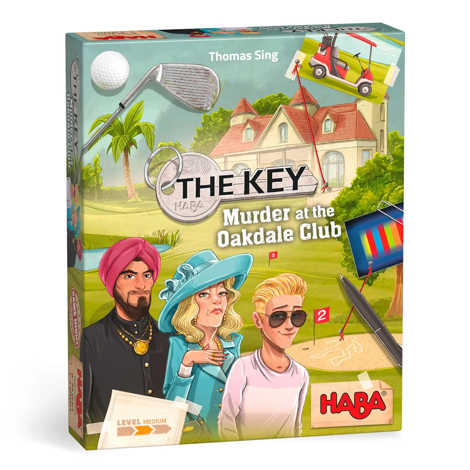 Board game box titled 'The Key: Murder at the Oakdale Club' by HABA with characters and golf-themed graphics.