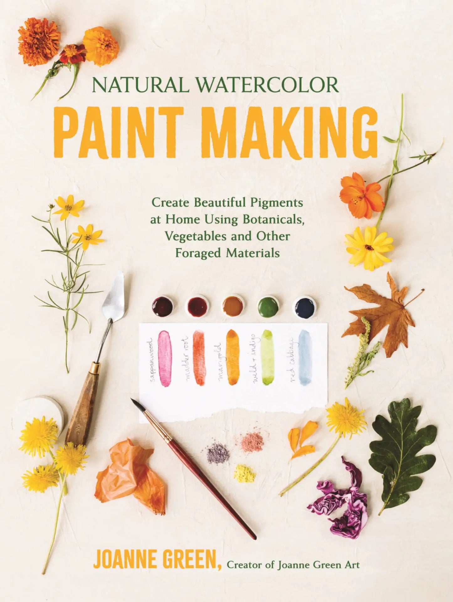 Book cover of 'Natural Watercolor Paint Making' by Joanne Green with paint samples and botanicals on a white background.