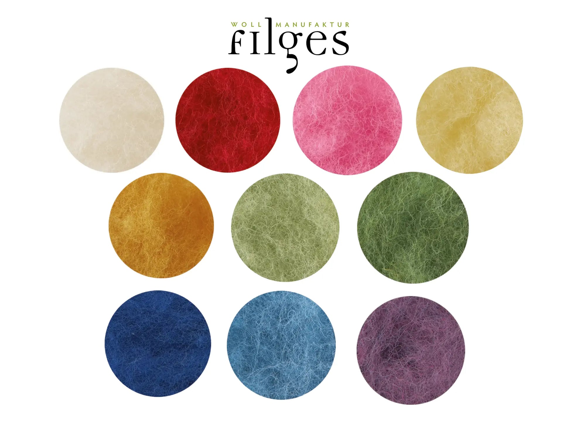Filges Wool Color Swatches in white, red, pink, yellows, greens, blues and purple on white background