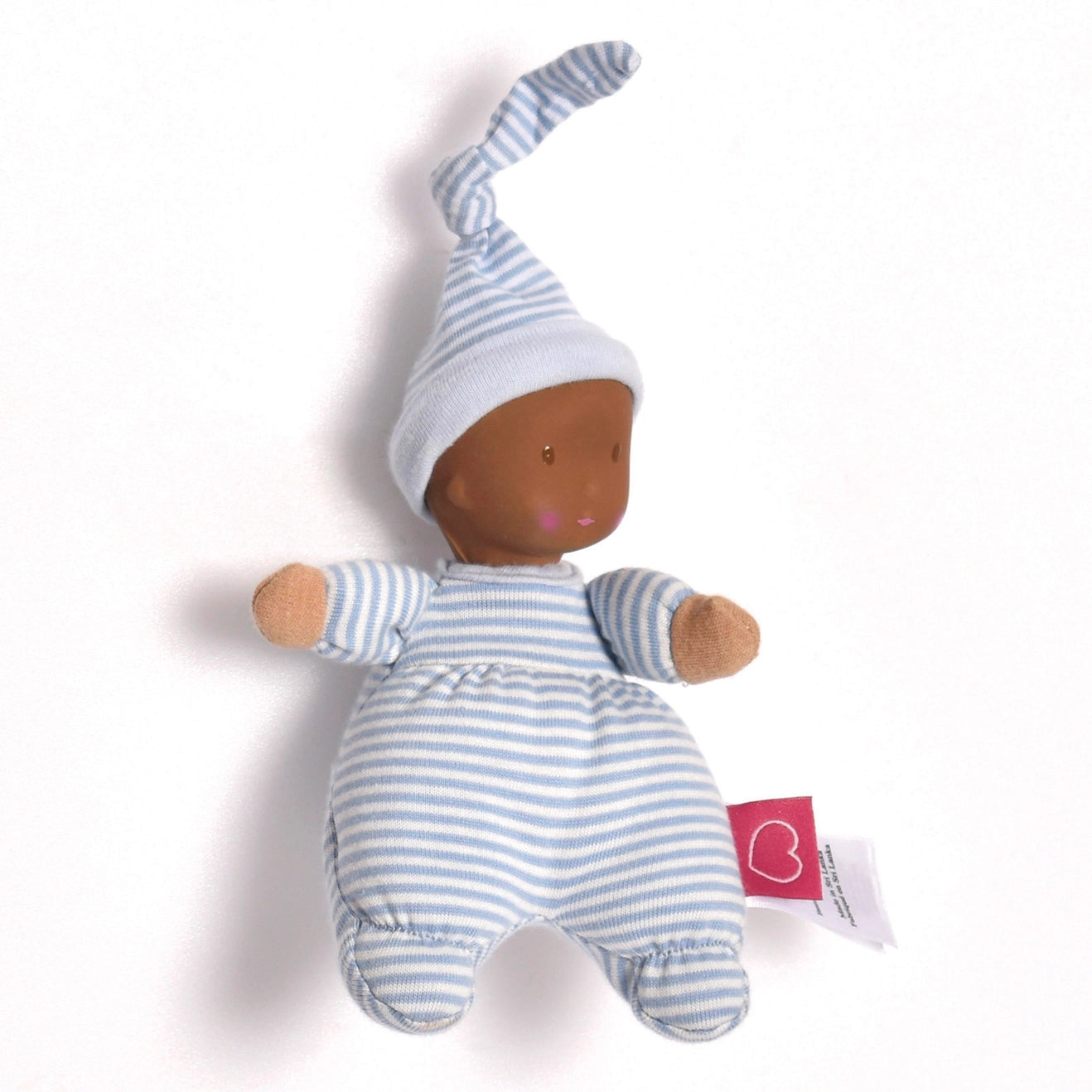 side view of natural first baby doll – Brown Skin in Striped Cotton