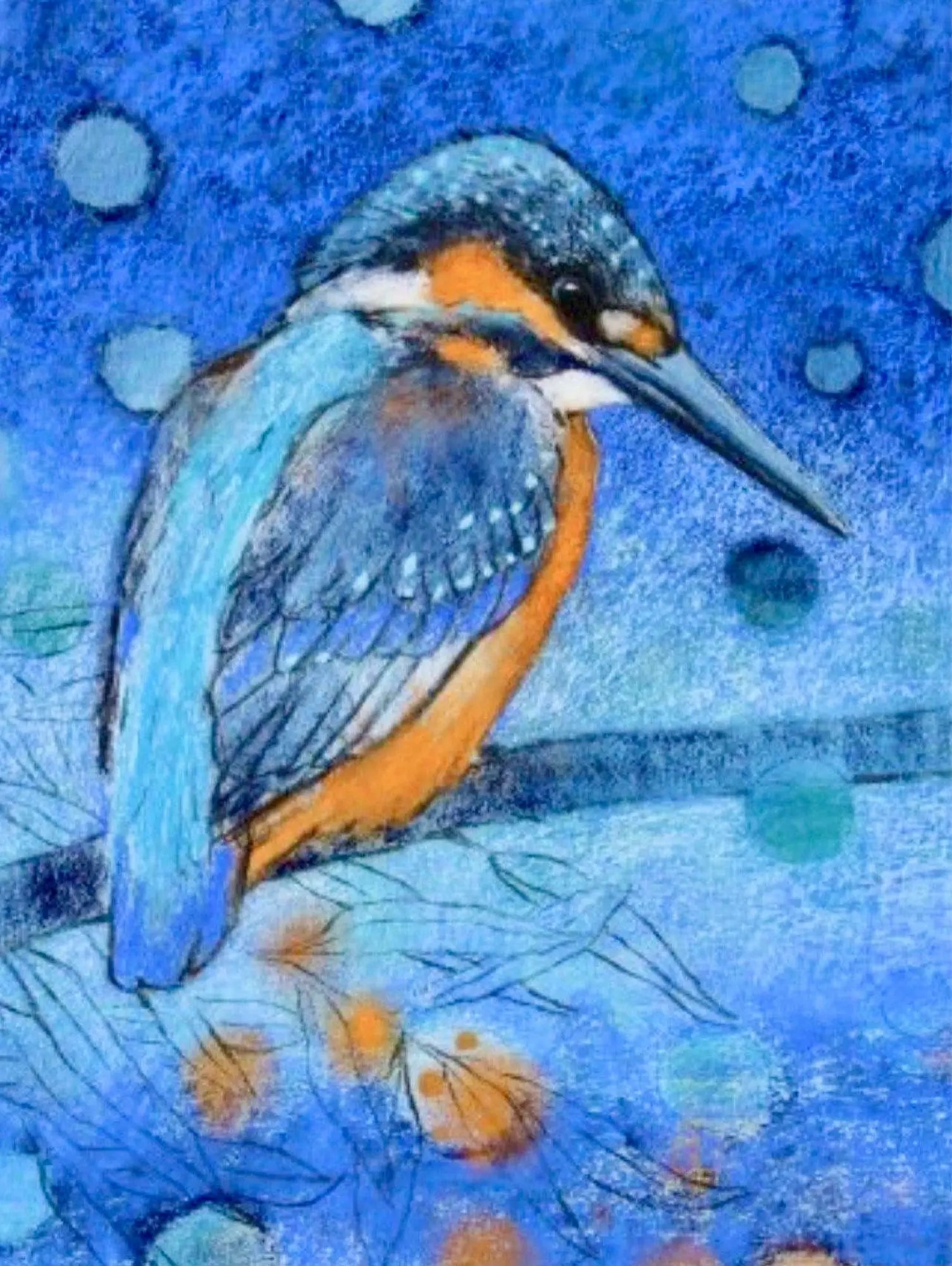 Loes Botman depiction of a kingfisher bird on a blue background