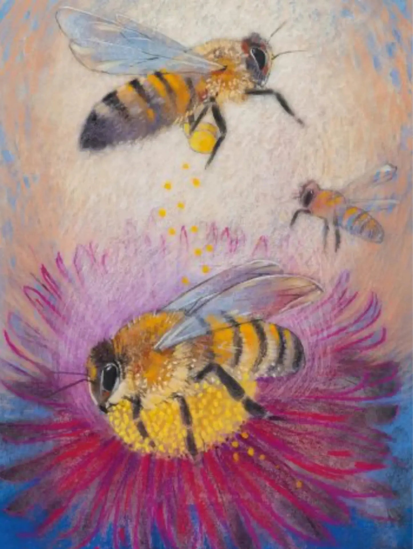 Nature postcard of bees on flowers with a soft, multicolored background