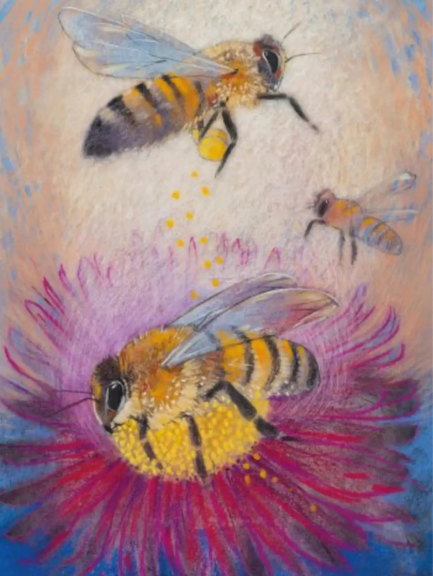 Nature postcard of bees on flowers with a soft, multicolored background