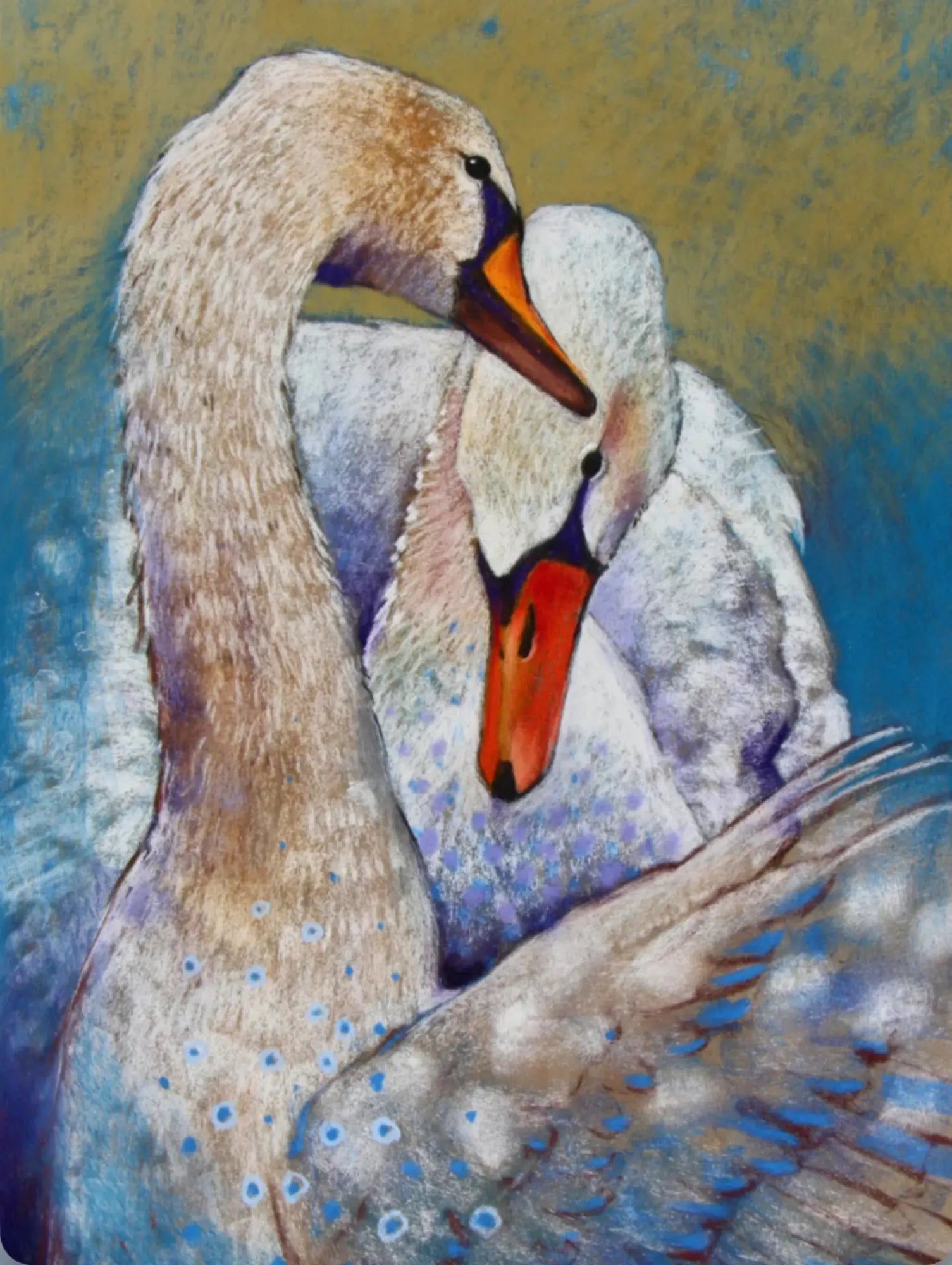 Loes Botman postcard of two swans embracing with a textured background