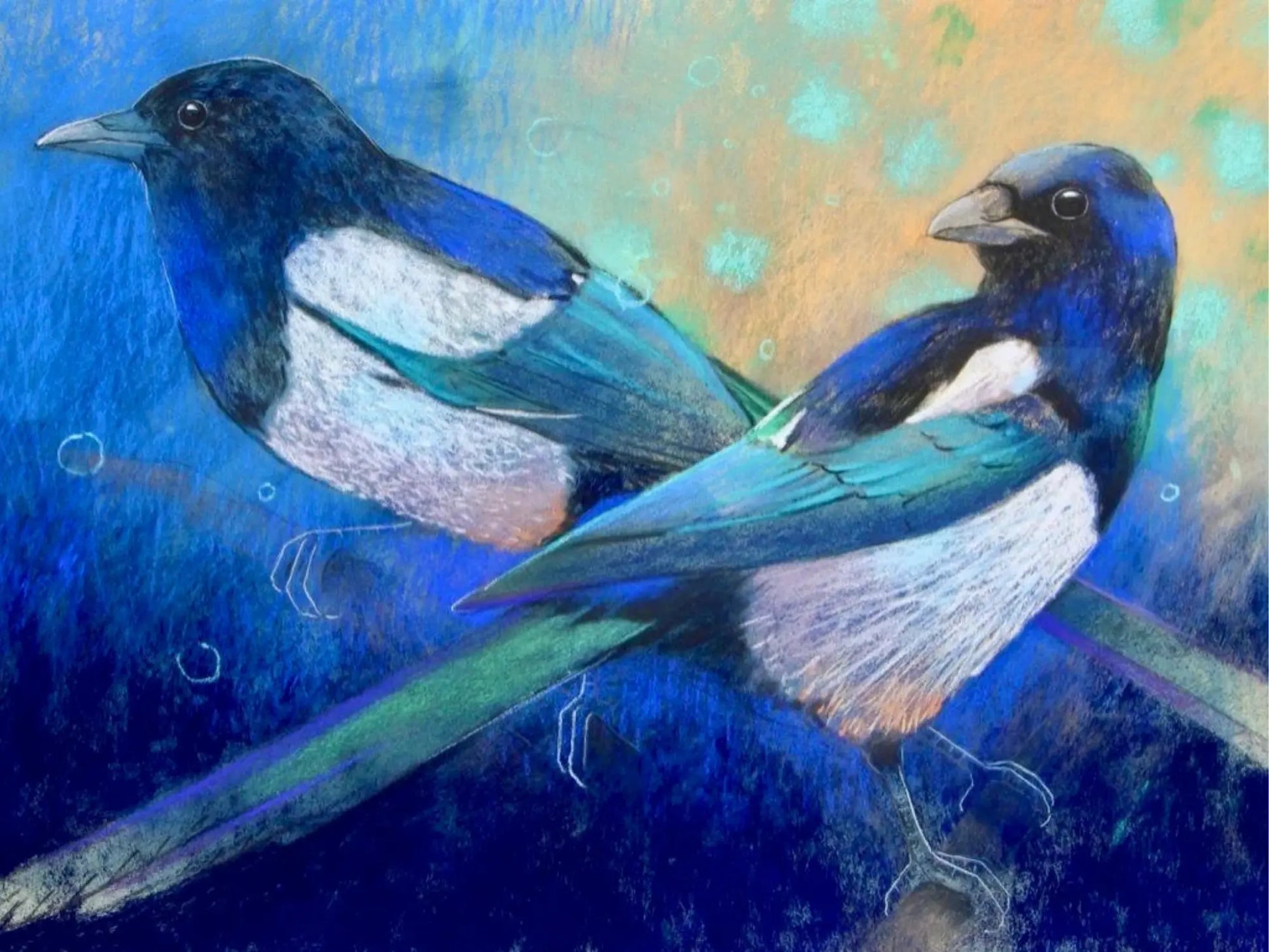 Two Magpies on a textured blue and green background