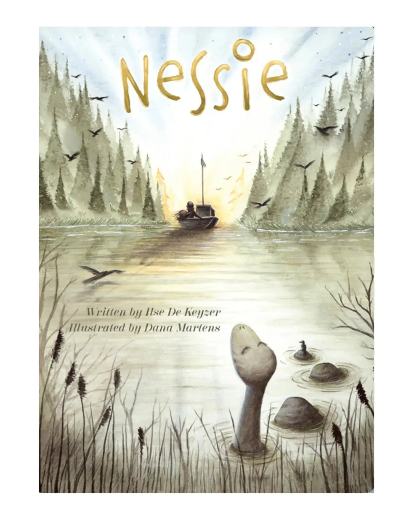 Book cover of children's book 'Nessie' with a lake scene, boat, and monster illustration.