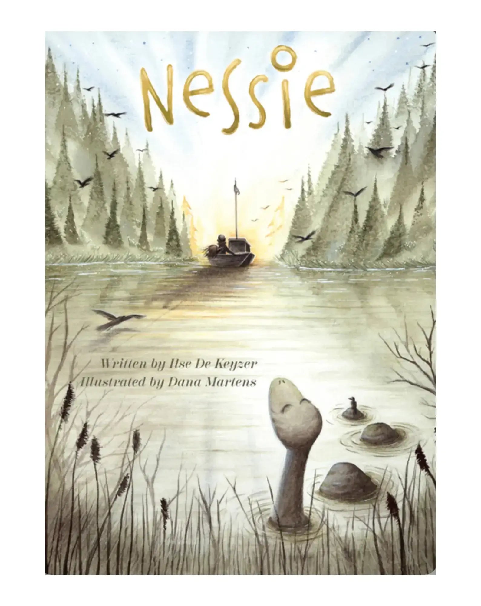 Book cover of children's book 'Nessie' with a lake scene, boat, and monster illustration.