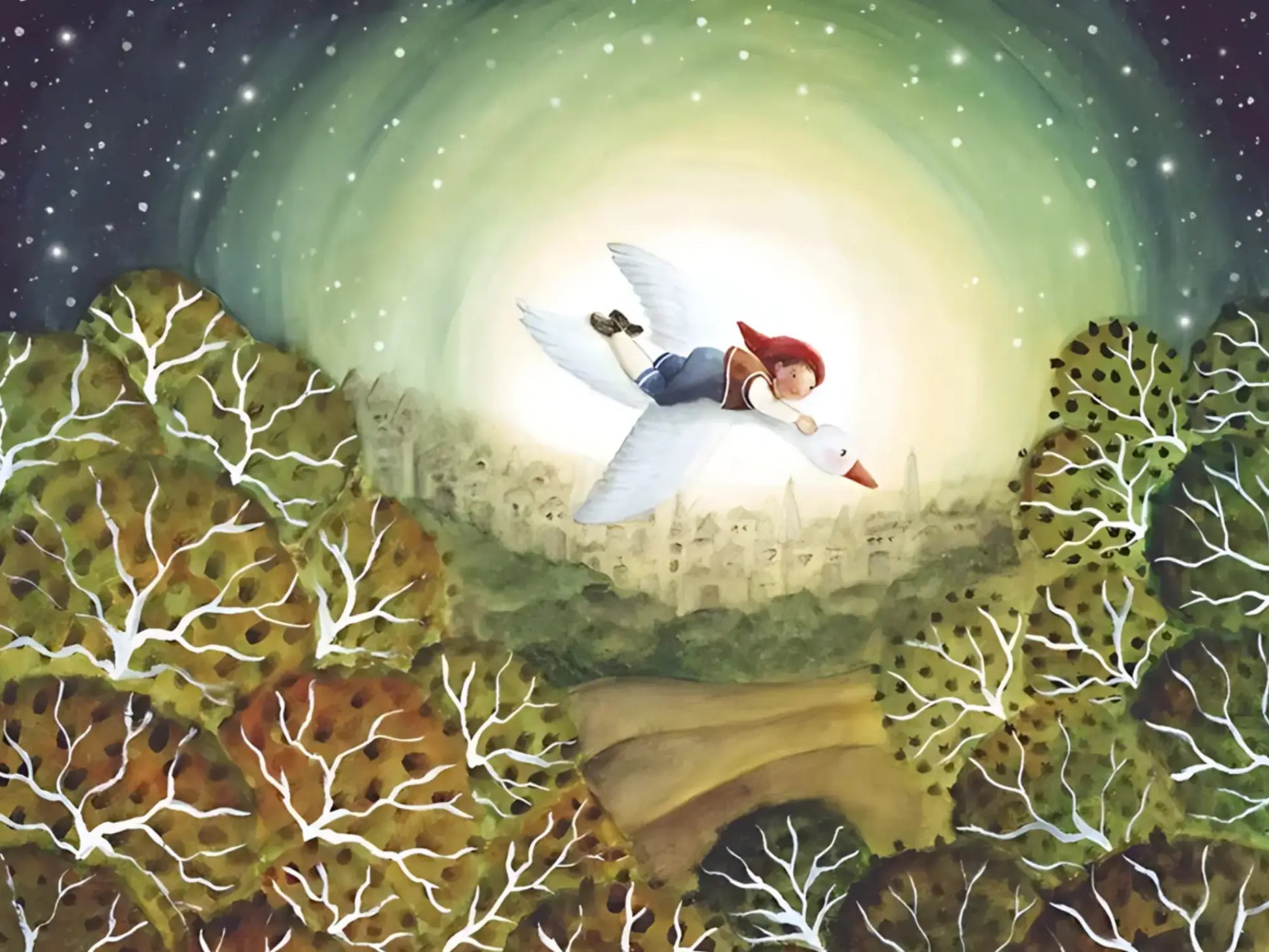 Nils Holgersson flying over a mystical landscape on his goose with trees and a glowing moon.