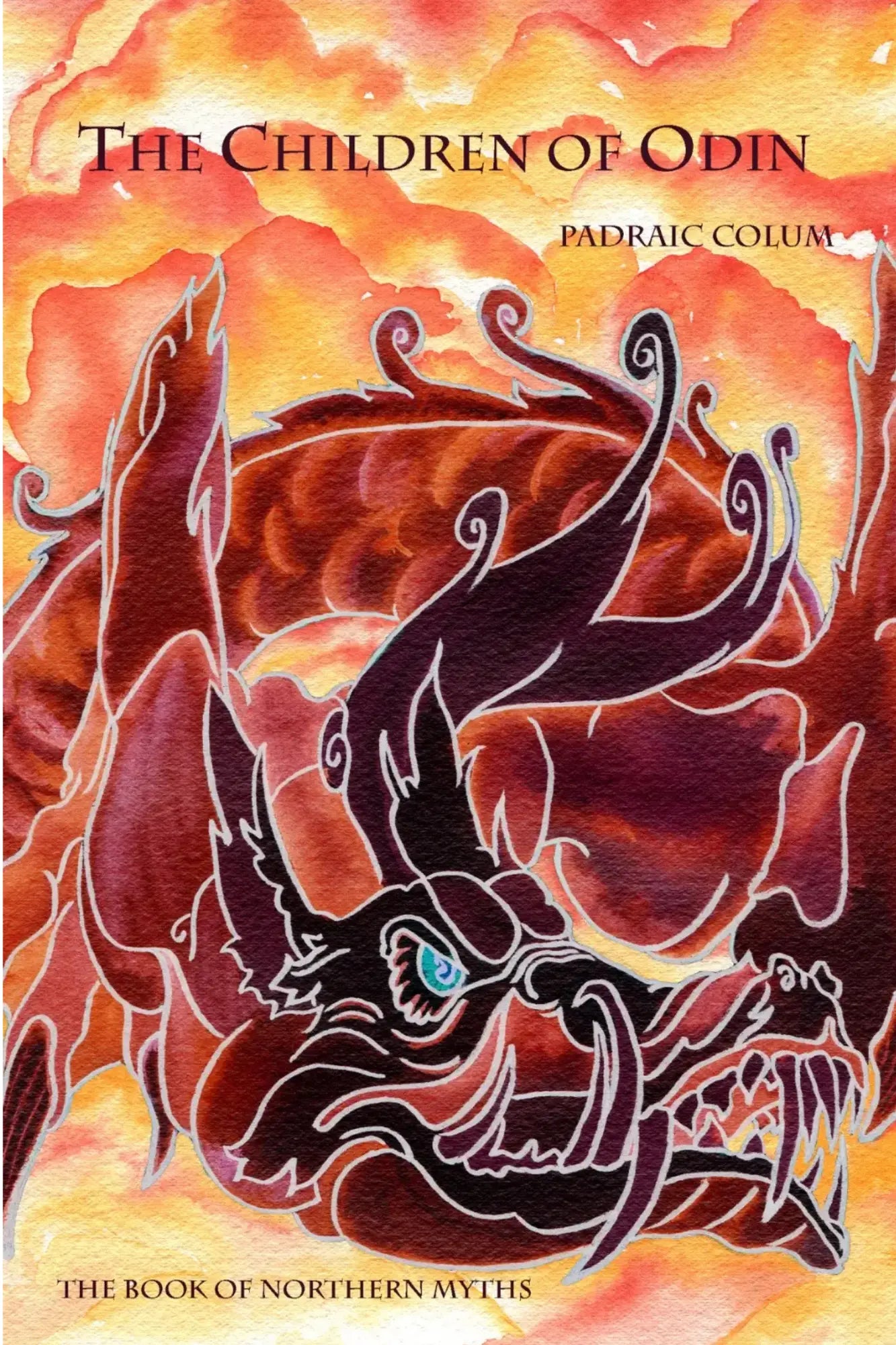 Book cover of 'The Children of Odin' with a dragon illustration on an orange and red background.