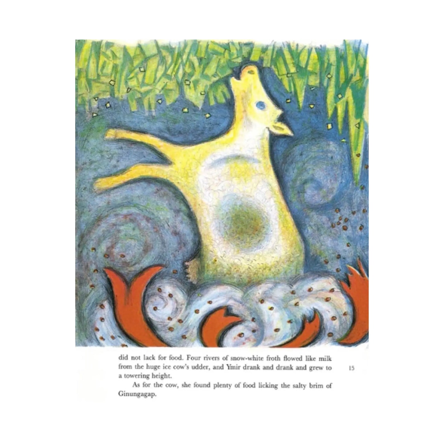 Colorful illustration of a cow on icy background from D'Aulaires Norse Mythology