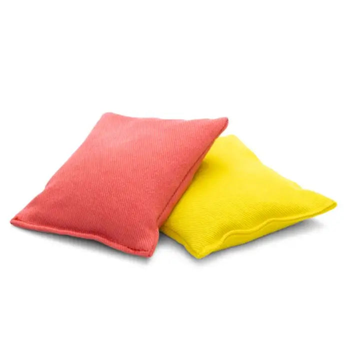 Two colorful bean bags, one red and one yellow, on a white background
