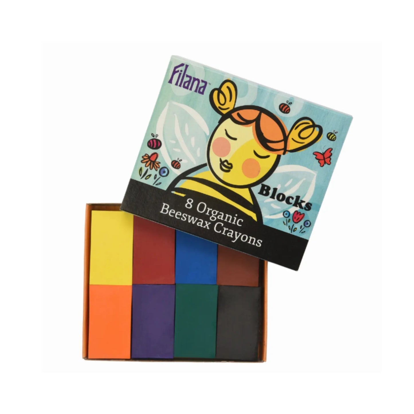 Set of organic beeswax crayons with colorful packaging featuring a bee illustration.