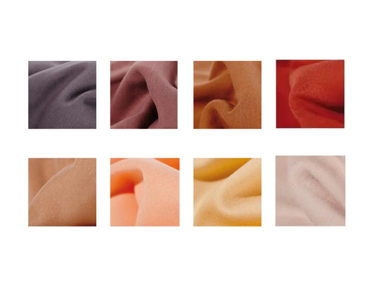 Nine fabric swatches dollmaking fabric in various colors arranged in a 3x3 grid on a white background.