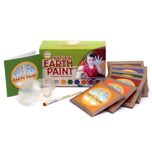Natural Earth Paint kit with packaging, paintbrush, and sample cards on a white background