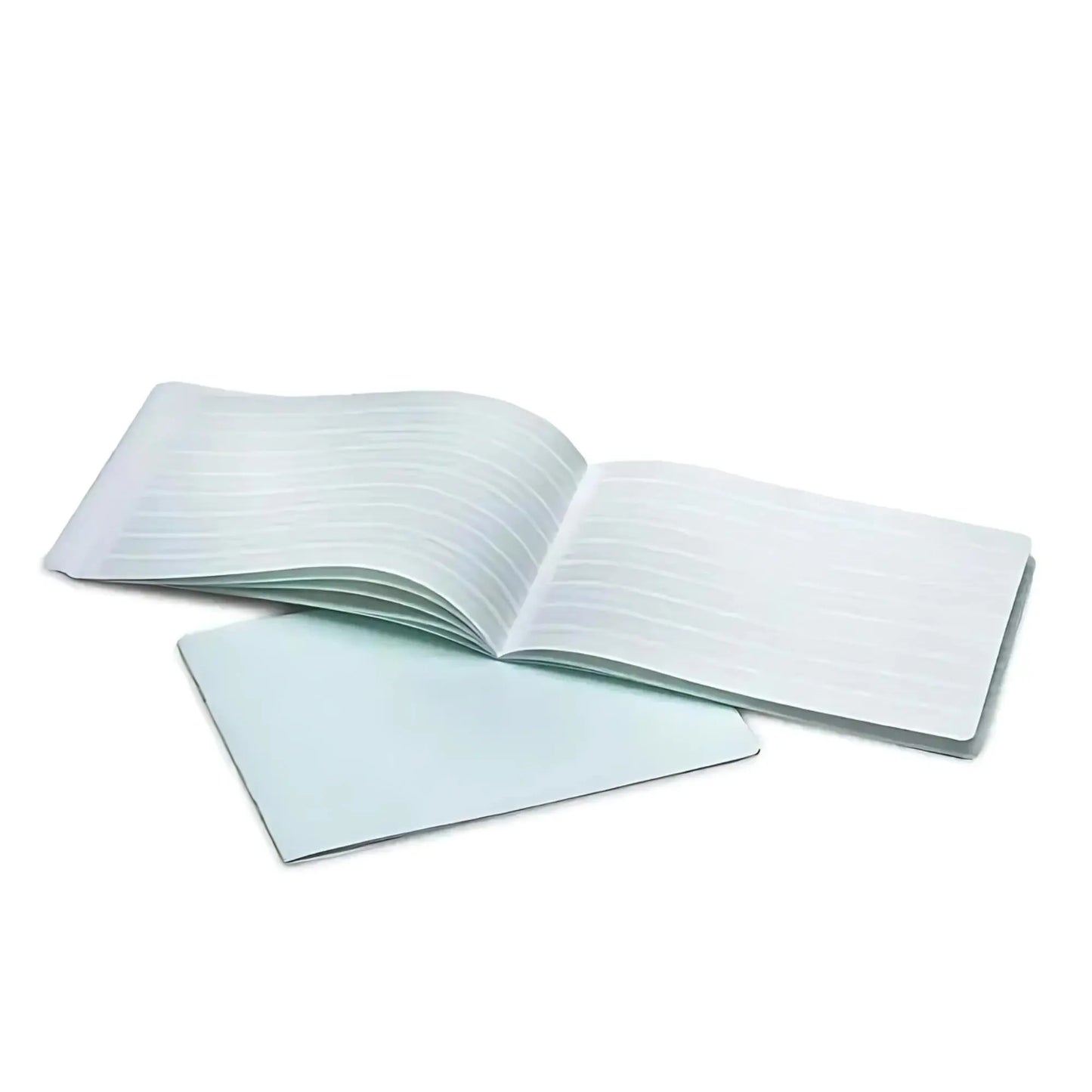Open handwriting practice book with lined pages on a white background