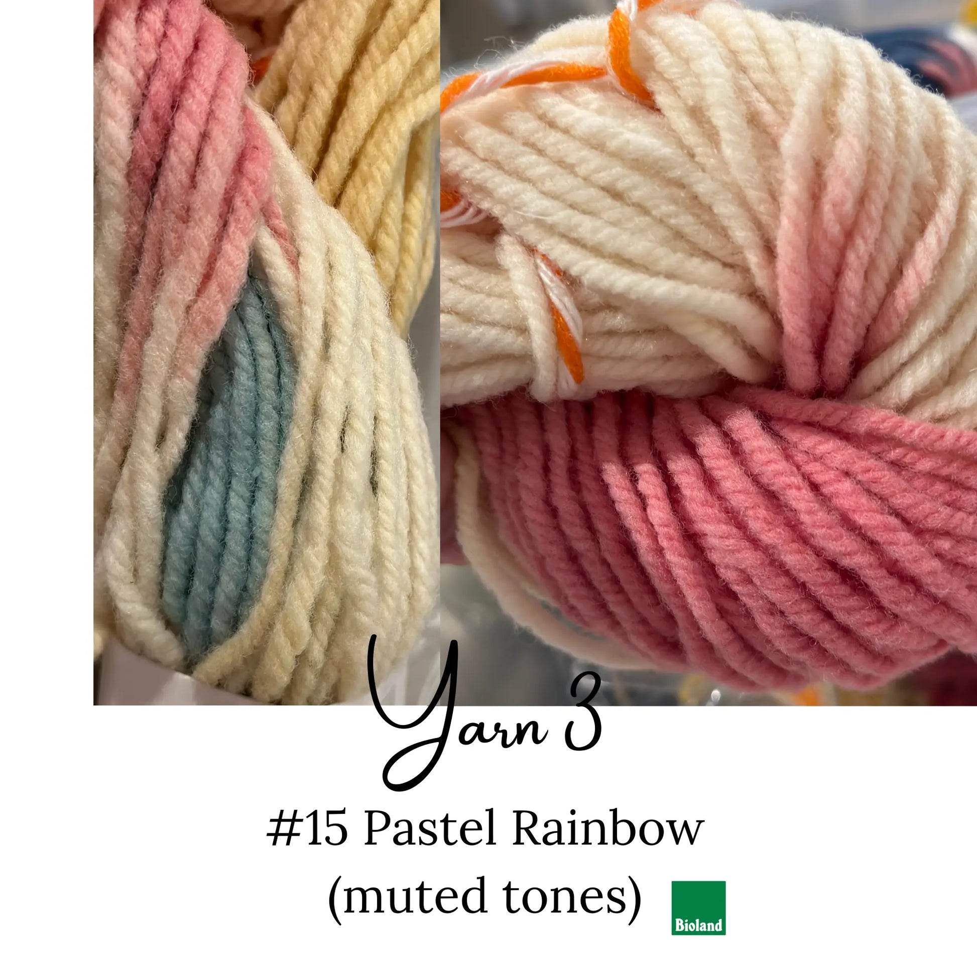 Yarn balls in pastel rainbow colors with 'Bordalloy' branding.