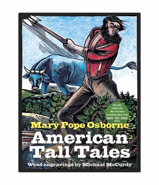 Book cover of 'American Tall Tales' by Mary Pope Osborne with illustration of a man and bull.