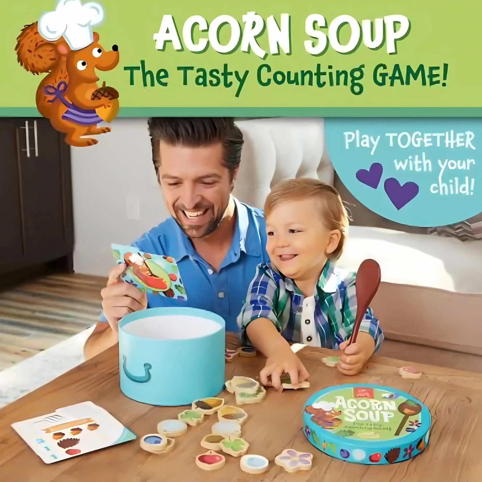 Man and child playing with 'Acorn Soup' counting game on a wooden table.
