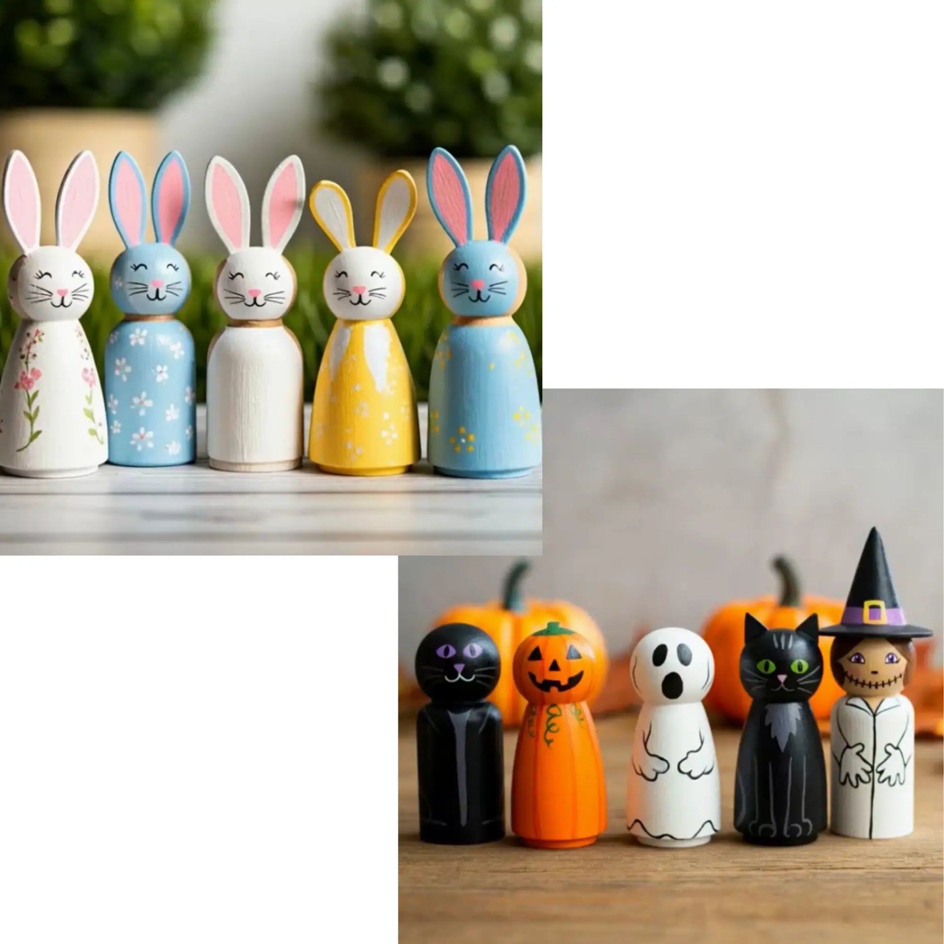 Set of colorful wooden rabbit figurines on a shelf with Halloween-themed figurines below.