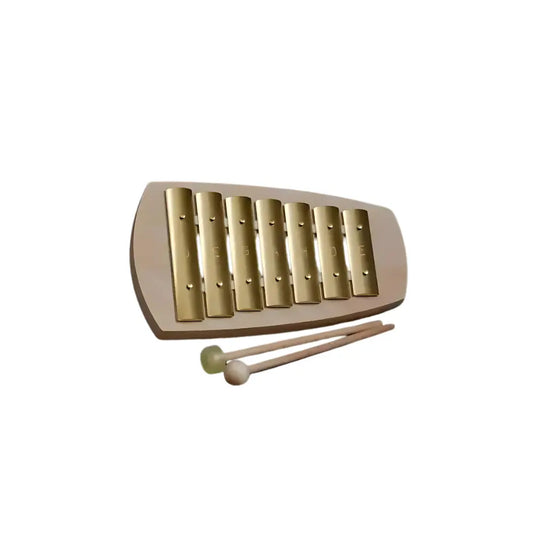 Wooden xylophone with metal keys and two mallets on a white background