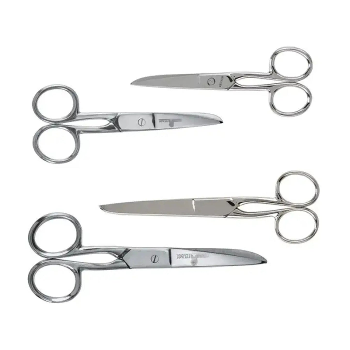 Set of four pairs of scissors on a white background