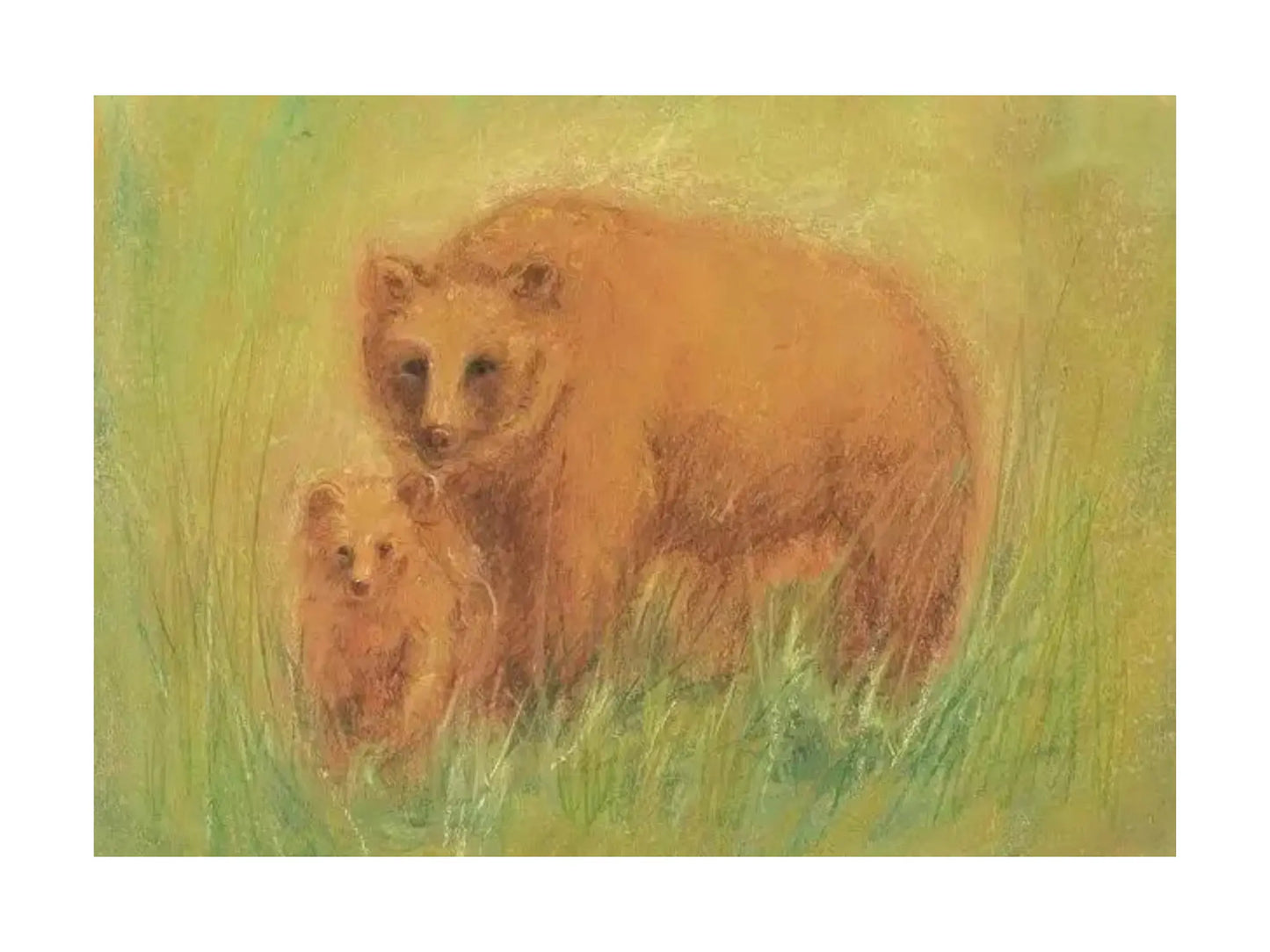 Two bears in a grassy field with a soft, pastel color palette.