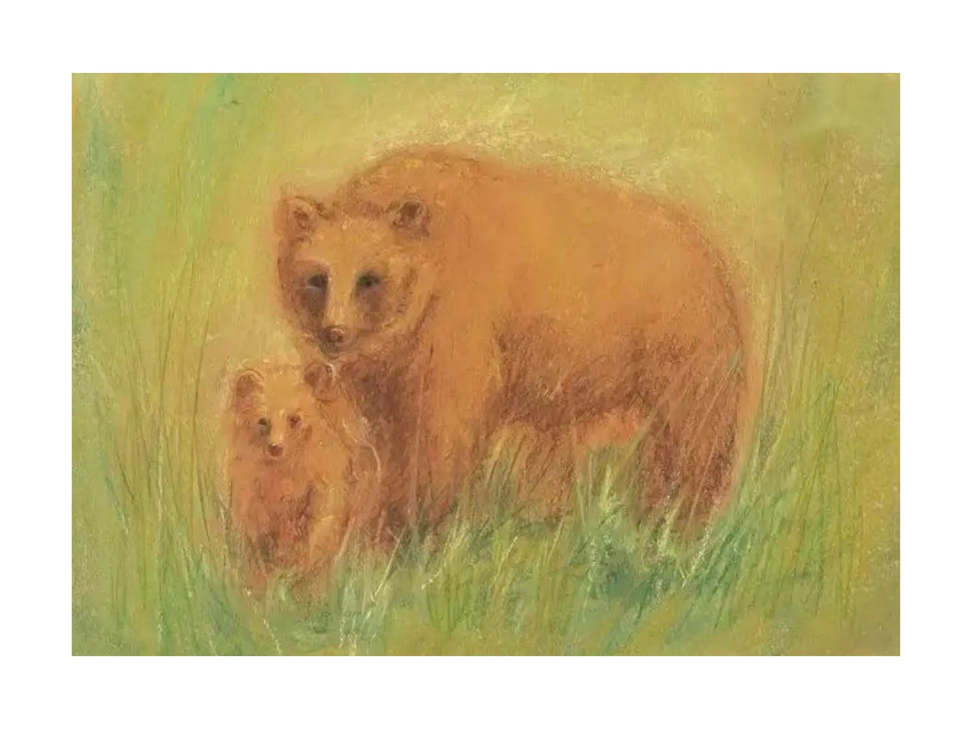 Two bears in a grassy field with a soft, pastel color palette.