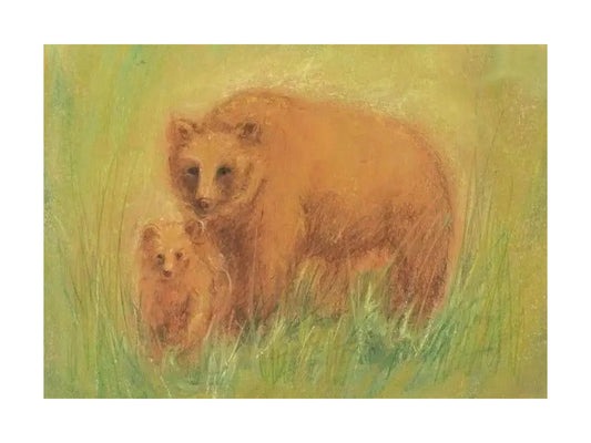 Two bears in a grassy field with a soft, pastel color palette.