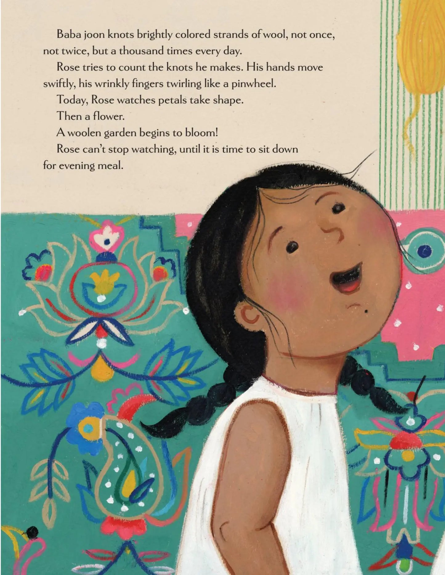 Illustration of a young girl with text about knitting and watching petals shape into flowers.