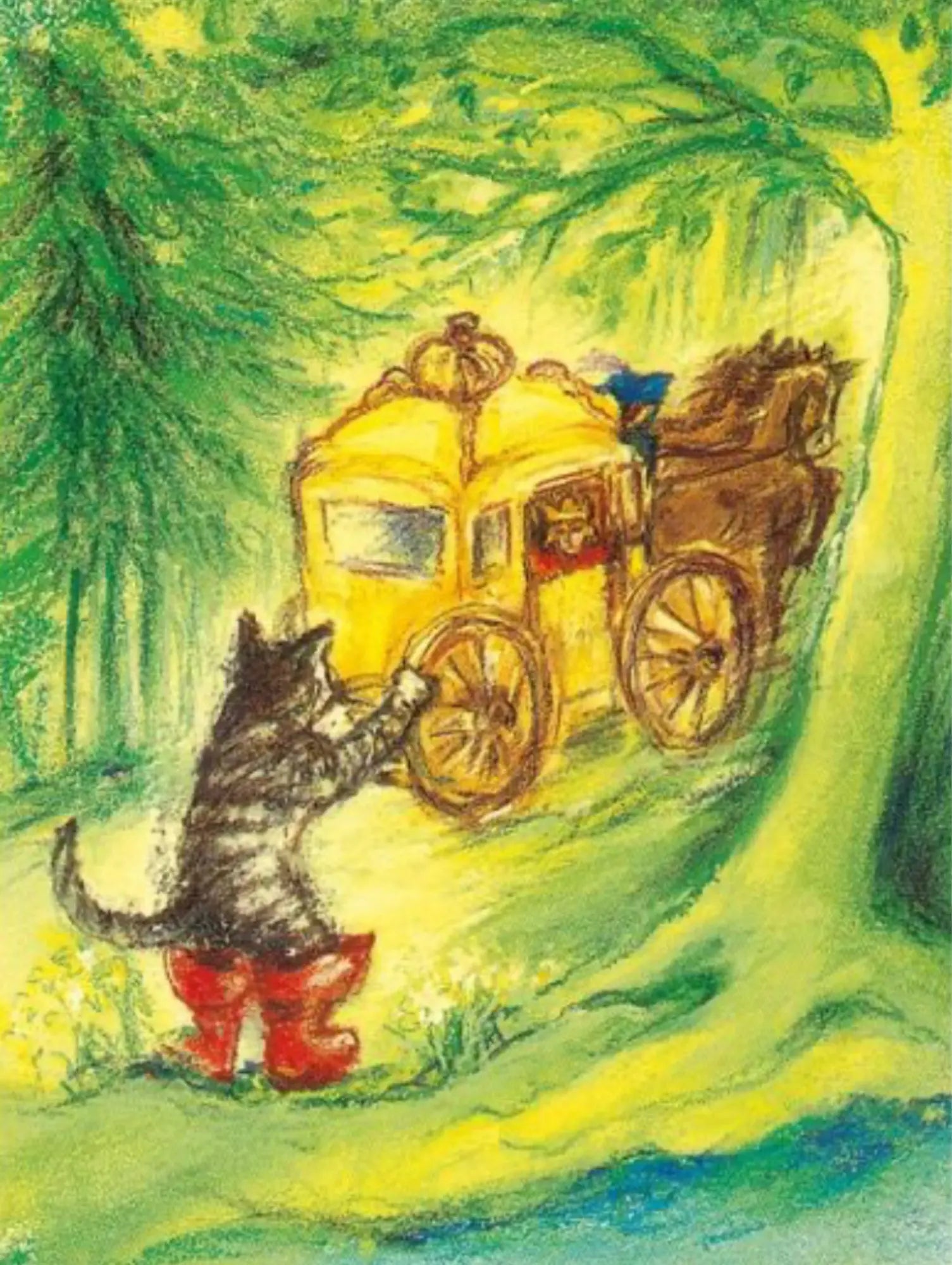 Illustration of puss in boots waving at a king in his yellow carriage in a forest setting