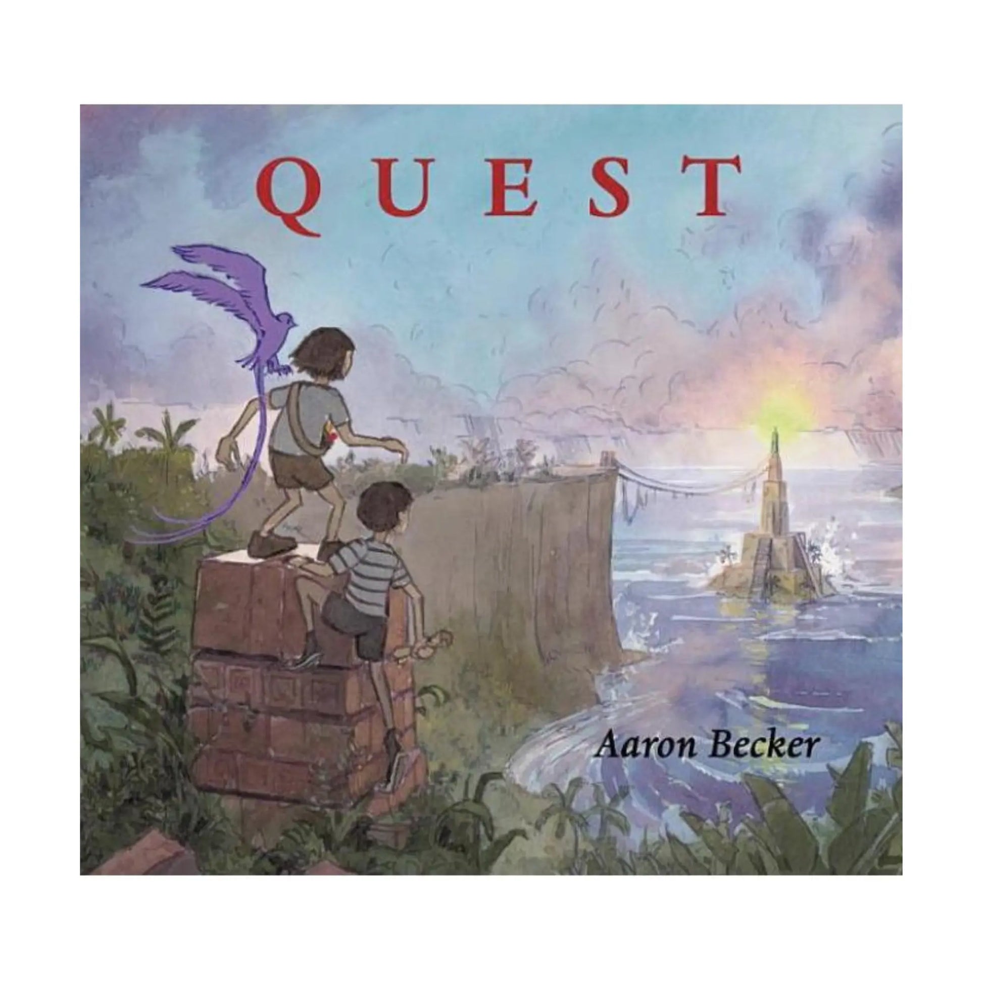Book cover of 'Quest' by Aaron Becker featuring two children with a dragon and a lighthouse.