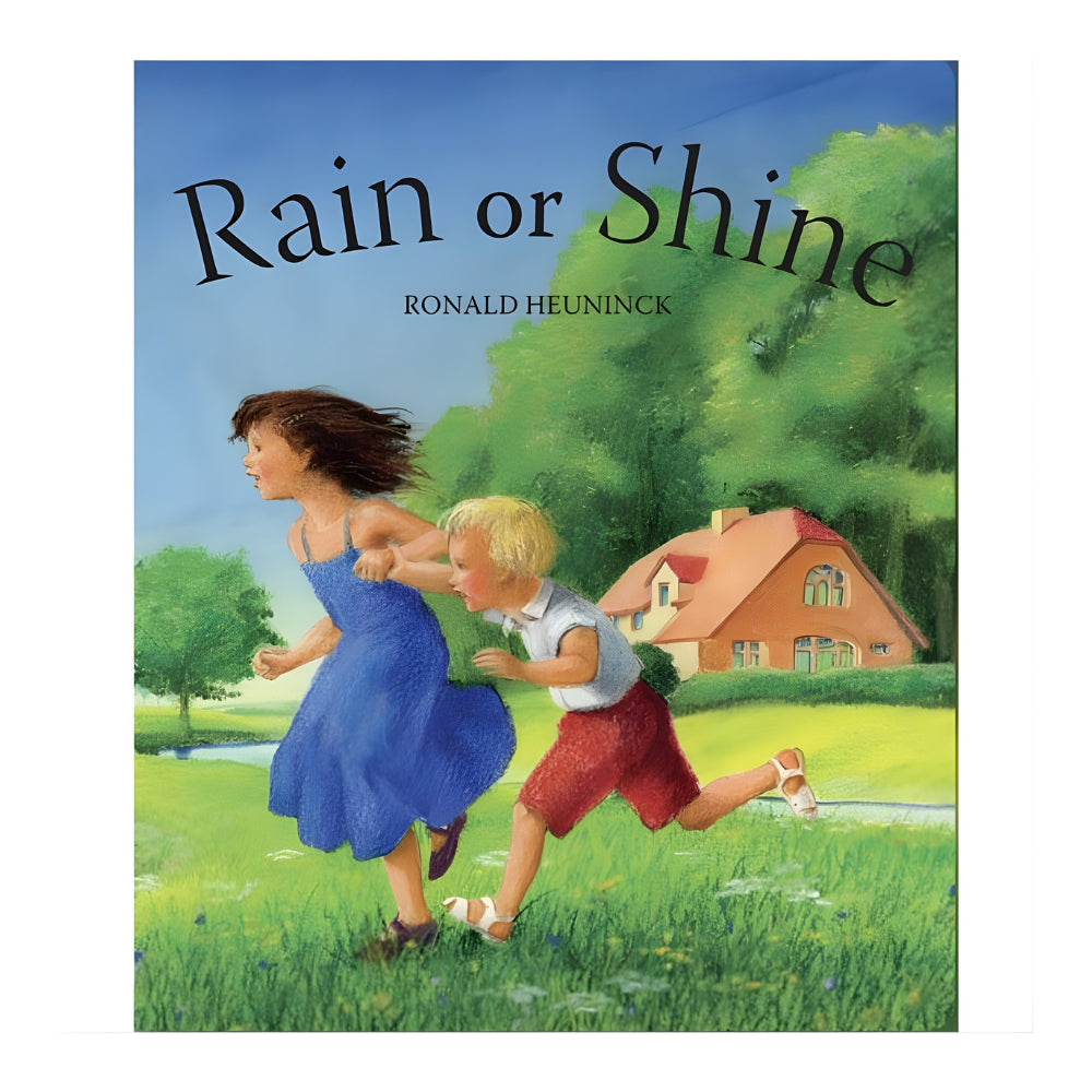 Book cover of 'Rain or Shine' by Ronald Heuninck with two children running in a grassy field.