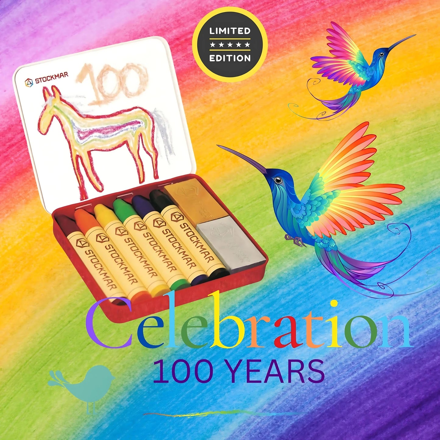 Colorful Stockmar crayon set with illustrations of a horse and hummingbirds on a rainbow background.