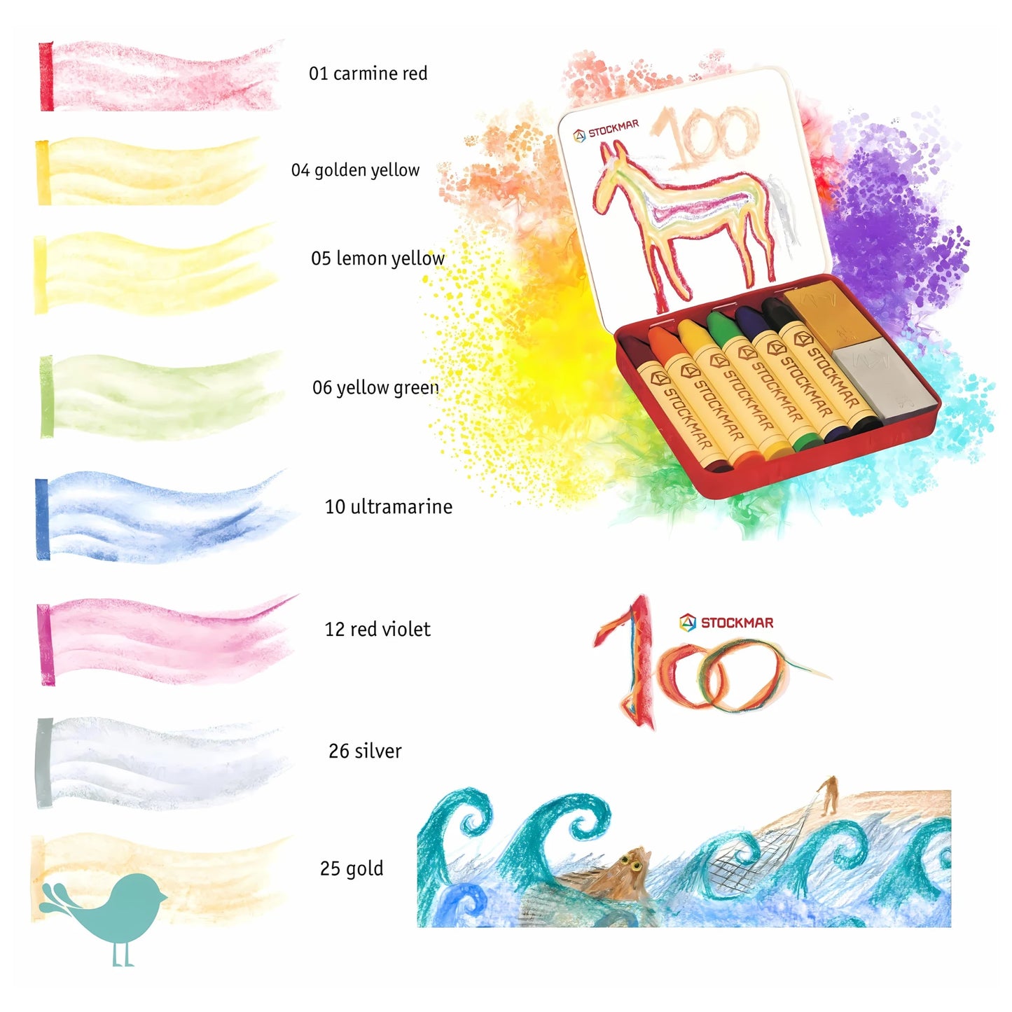 Set of Stockmar crayons with color swatches and Stockmar branding.