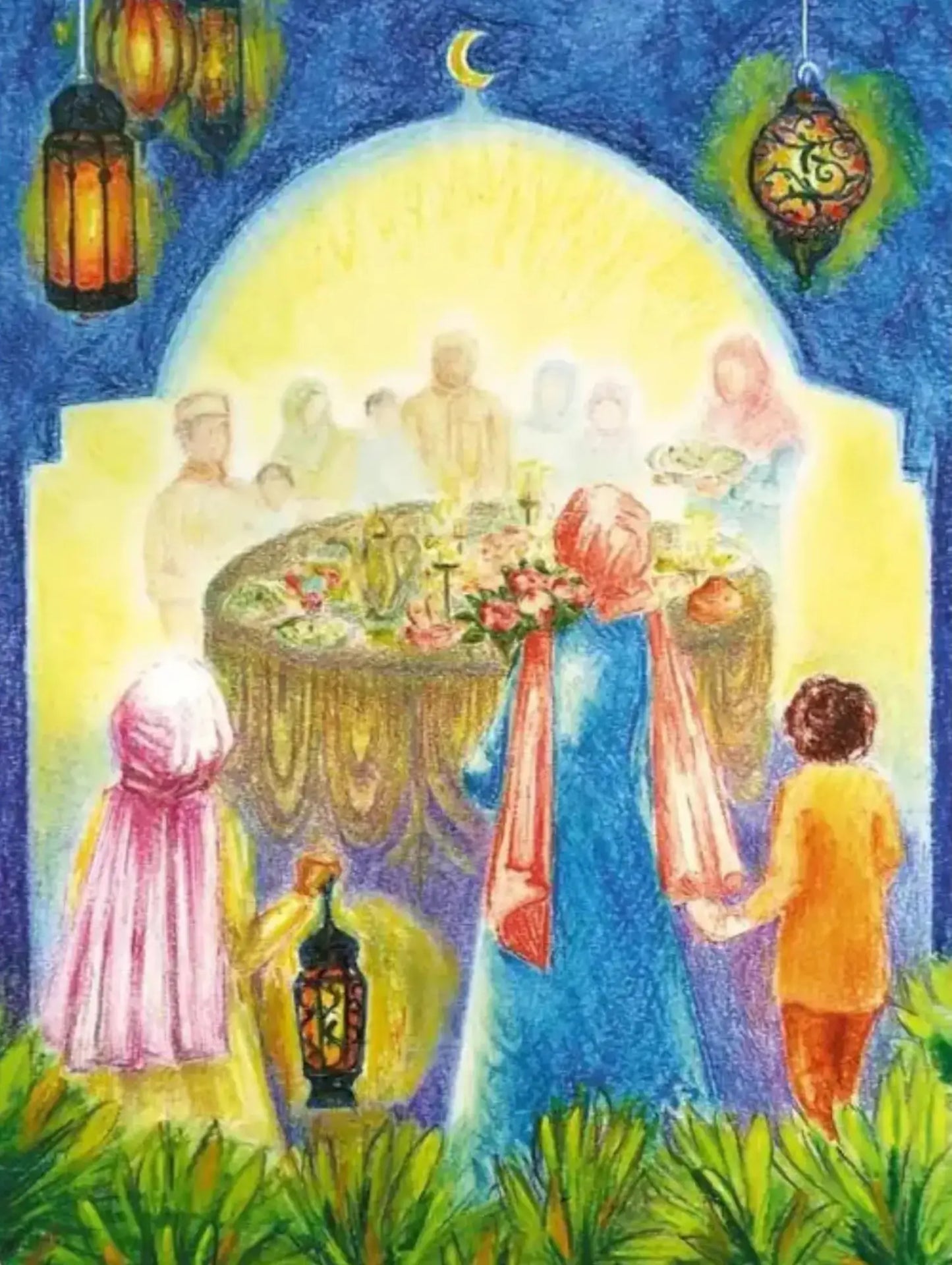 Colorful illustration of a gathering around a table with flowers, under a crescent moon and lanterns.