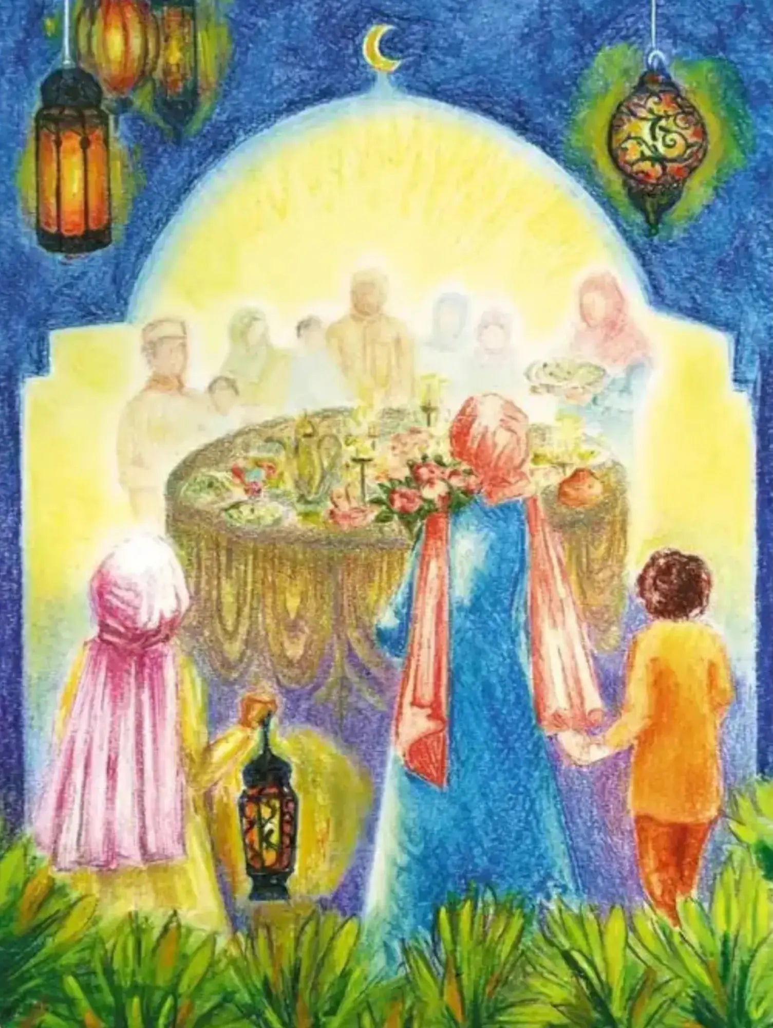 Colorful illustration of a gathering around a table with flowers, under a crescent moon and lanterns.