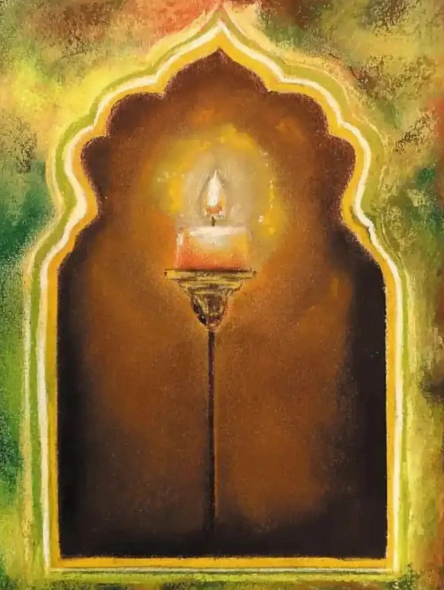 Candle inside a decorative archway for Ramadan with a warm glow on a textured background
