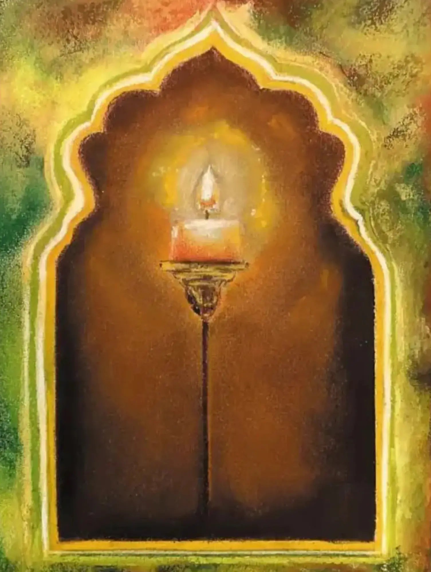 Candle inside a decorative archway for Ramadan with a warm glow on a textured background