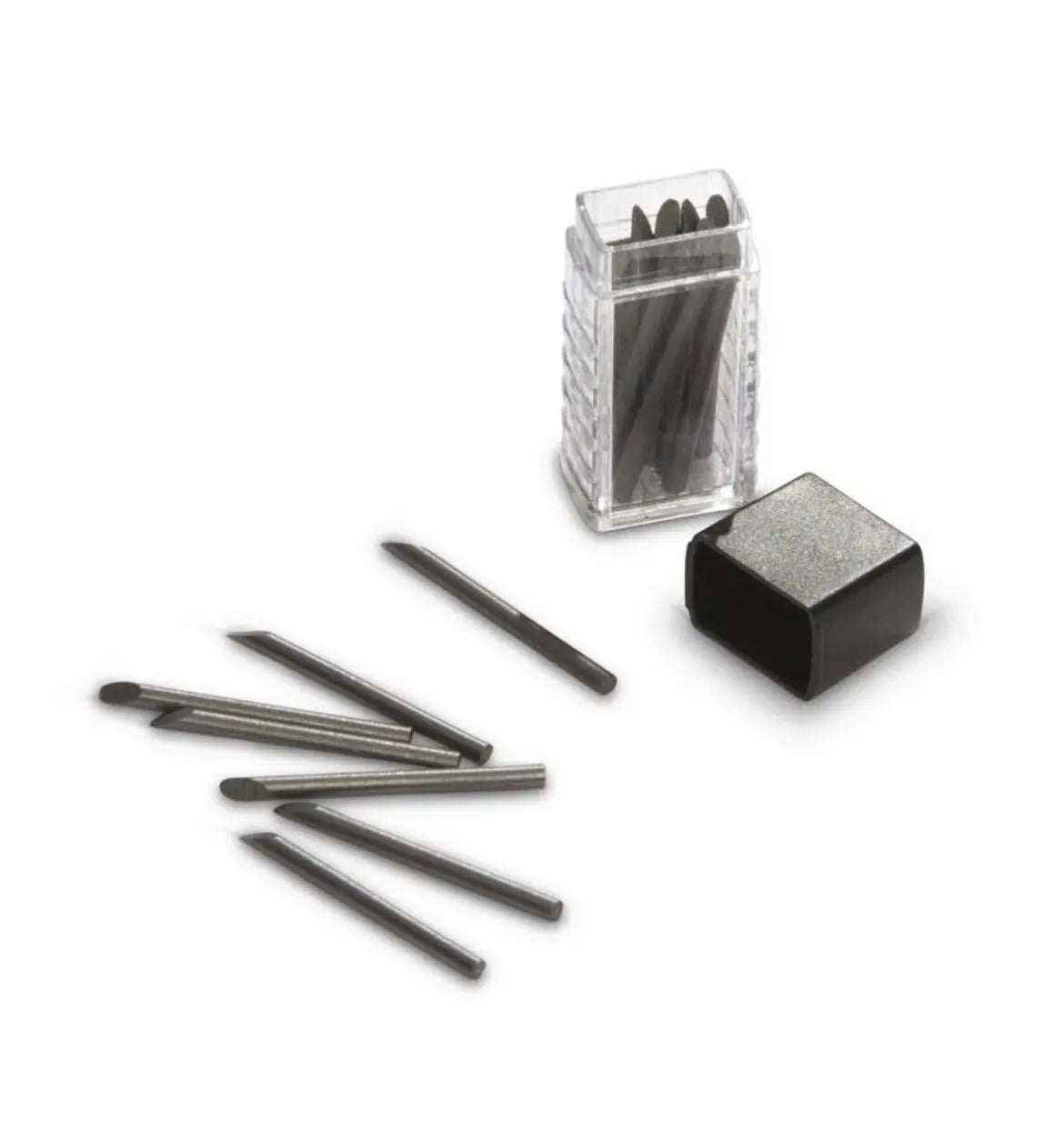 Set of math compass graphite tip refills with a clear container on white background
