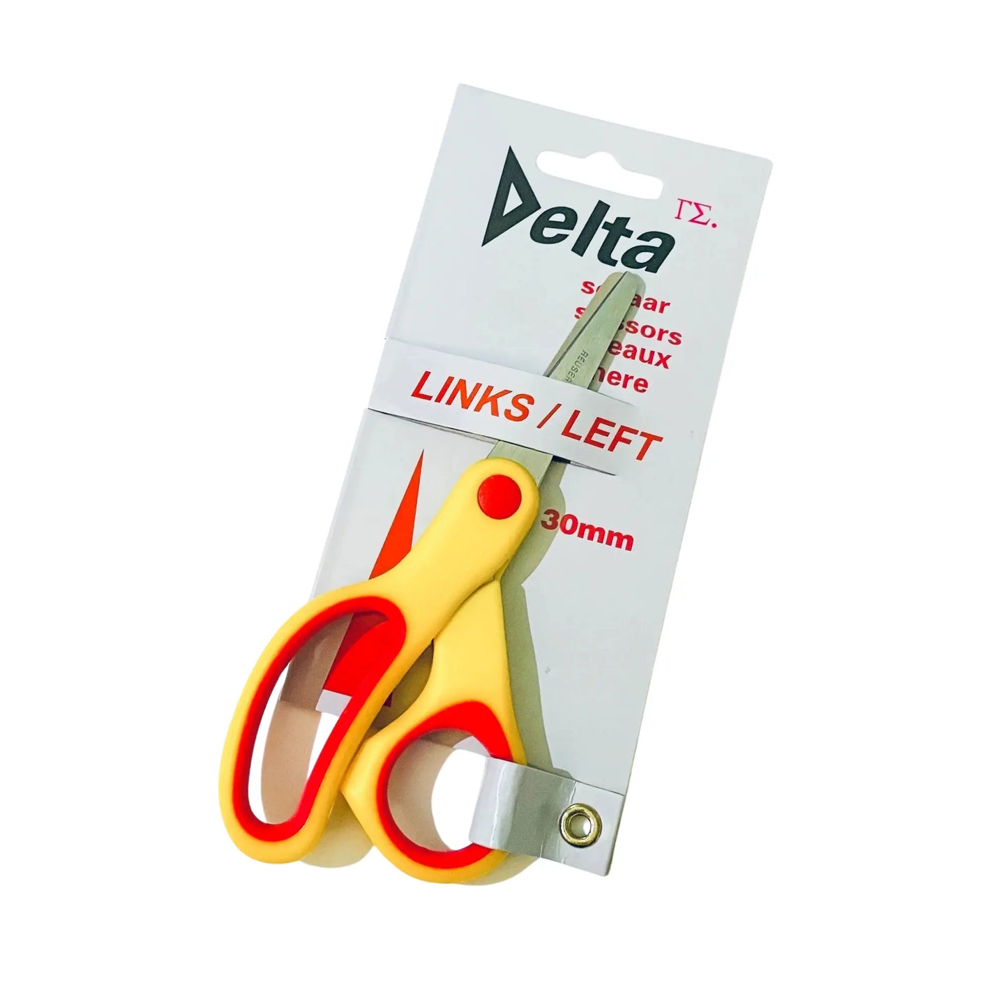 Yellow and red scissors with a Delta brand packaging on a white background