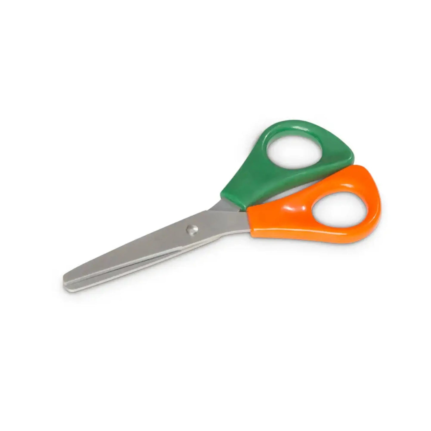 Pair of scissors with green handle and orange accents on a white background