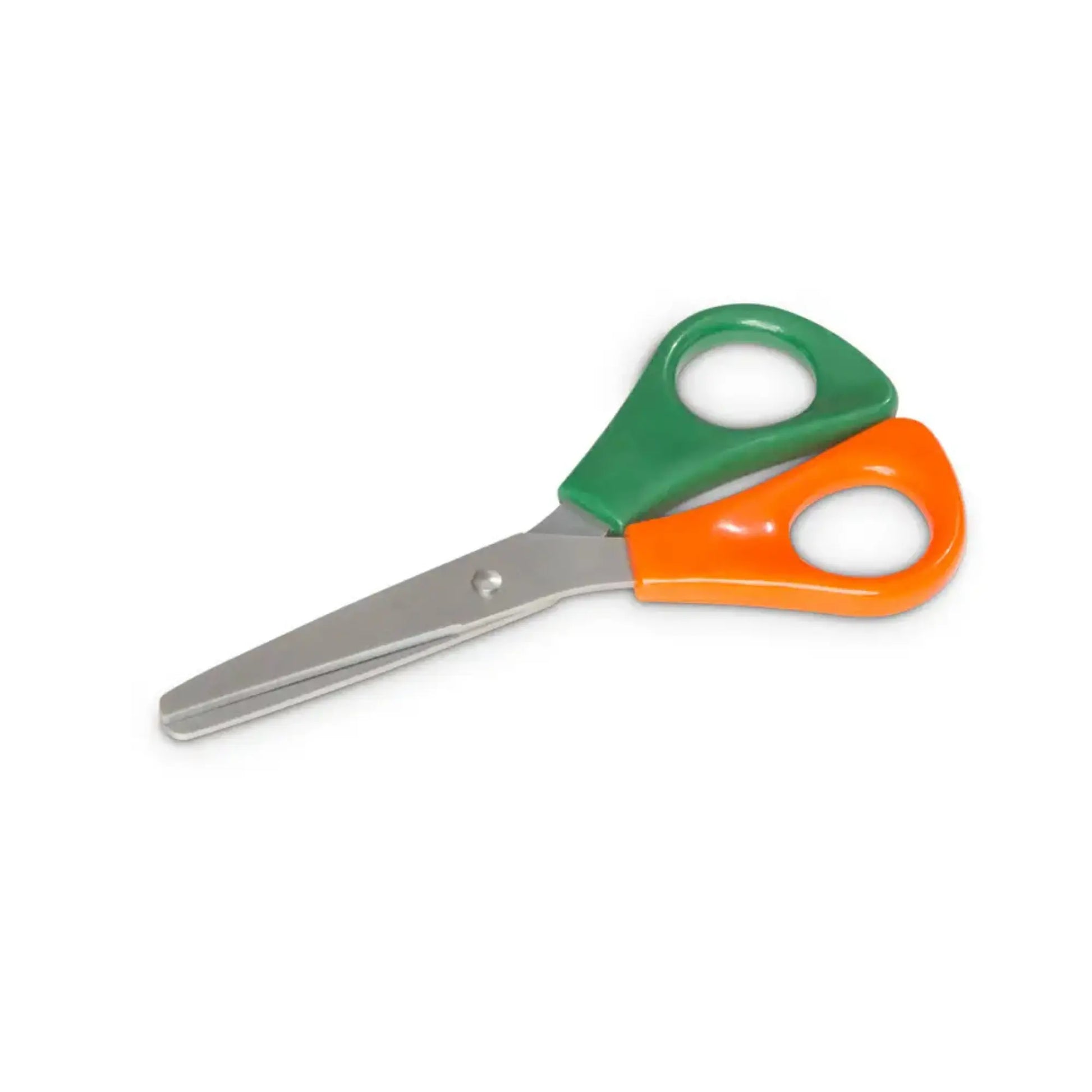 Pair of scissors with green handle and orange accents on a white background