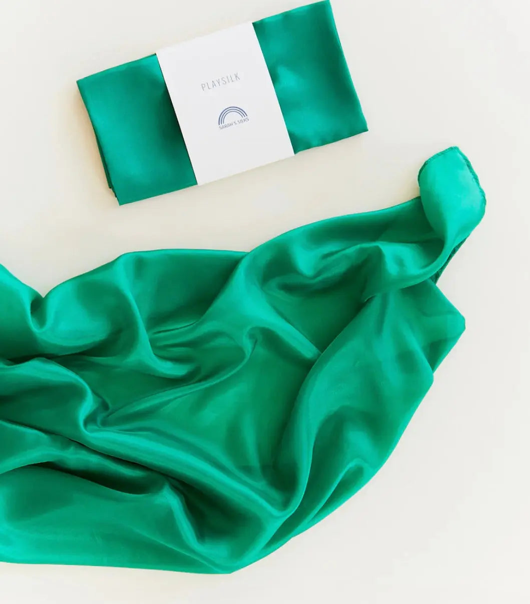 Sarah's Silks Playsilk in Emerald Green on White Background