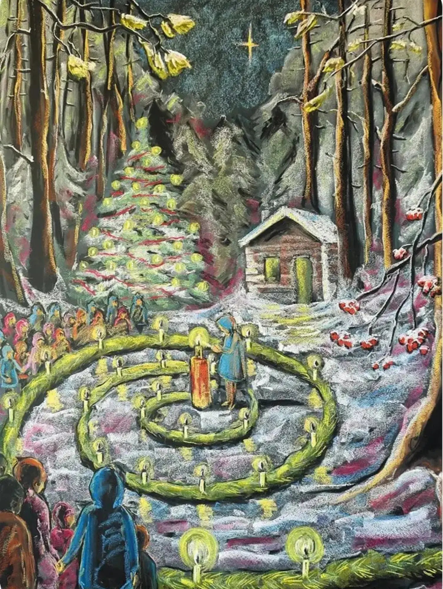 Waldorf winter festival with people around an evergreen spiral in a snowy forest.