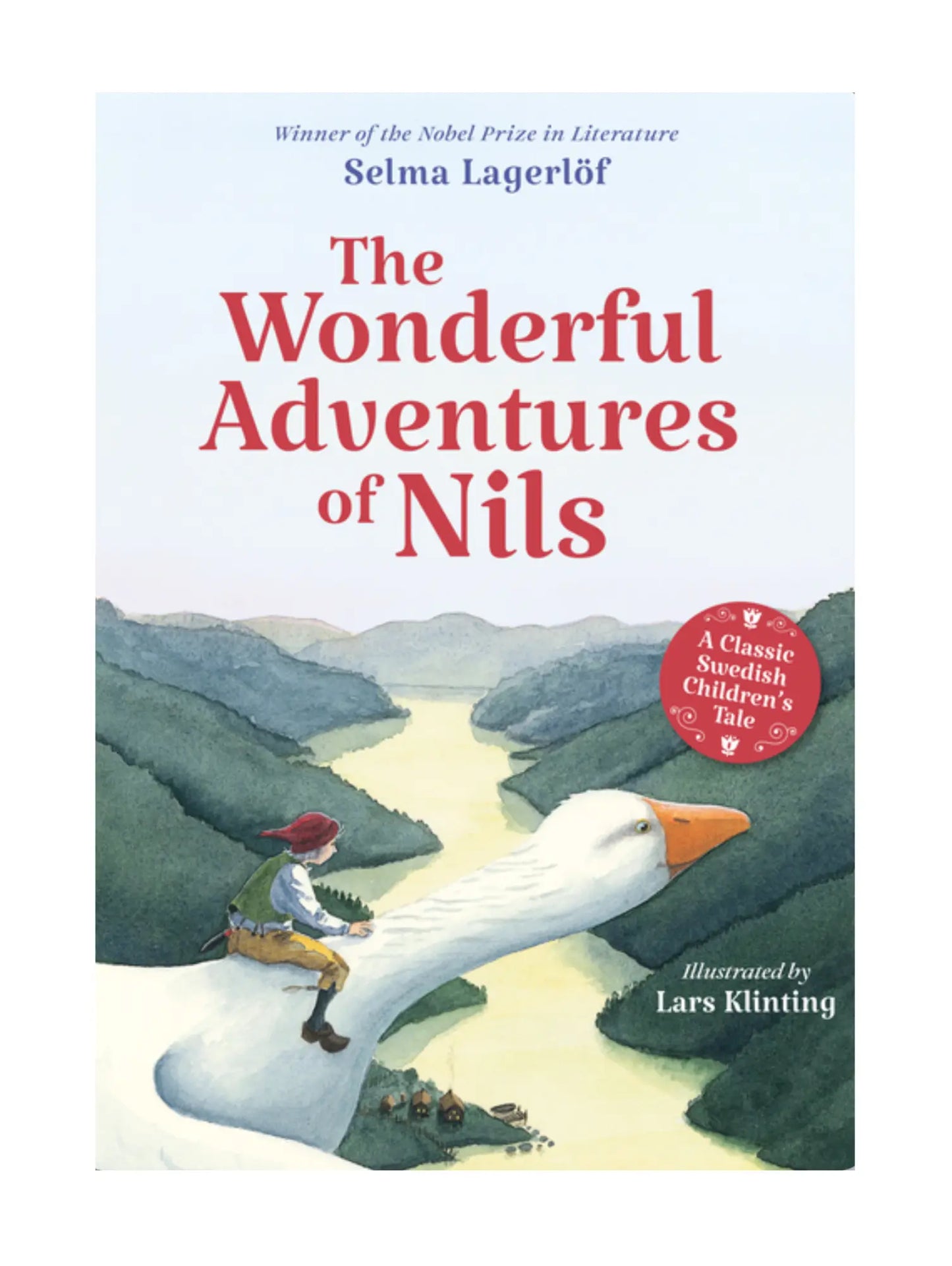 Book cover of 'The Wonderful Adventures of Nils' with a child on a goose and scenic landscape.