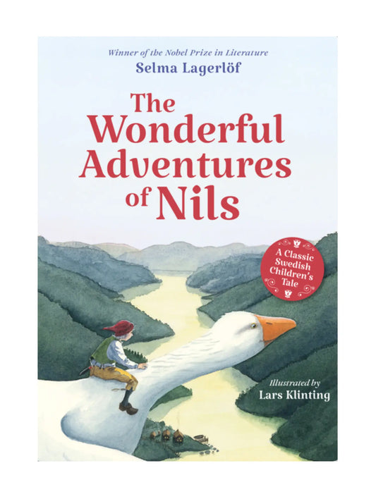 Book cover of 'The Wonderful Adventures of Nils' with a child on a goose and scenic landscape.