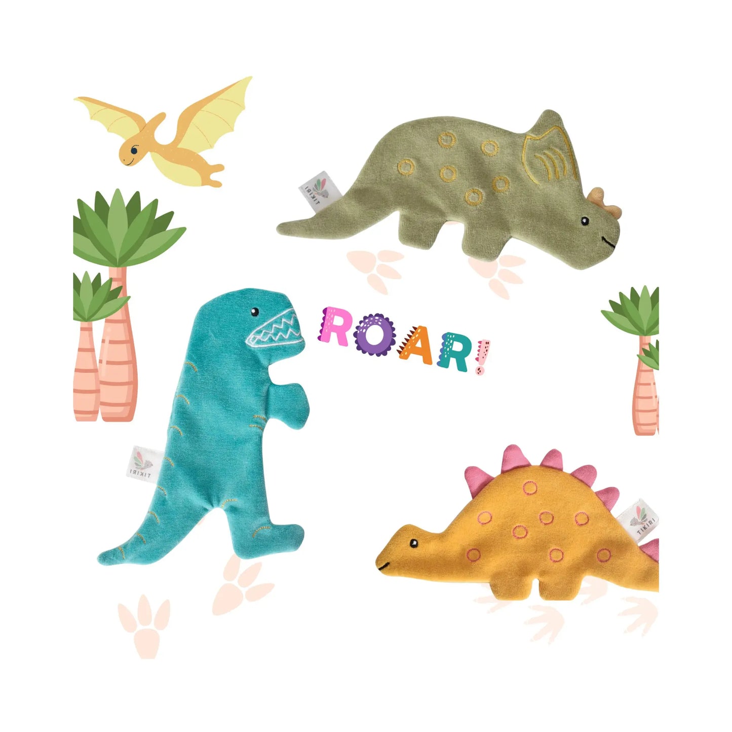 Set of colorful dinosaur baby toys with palm trees and 'ROAR!' text on a white background
